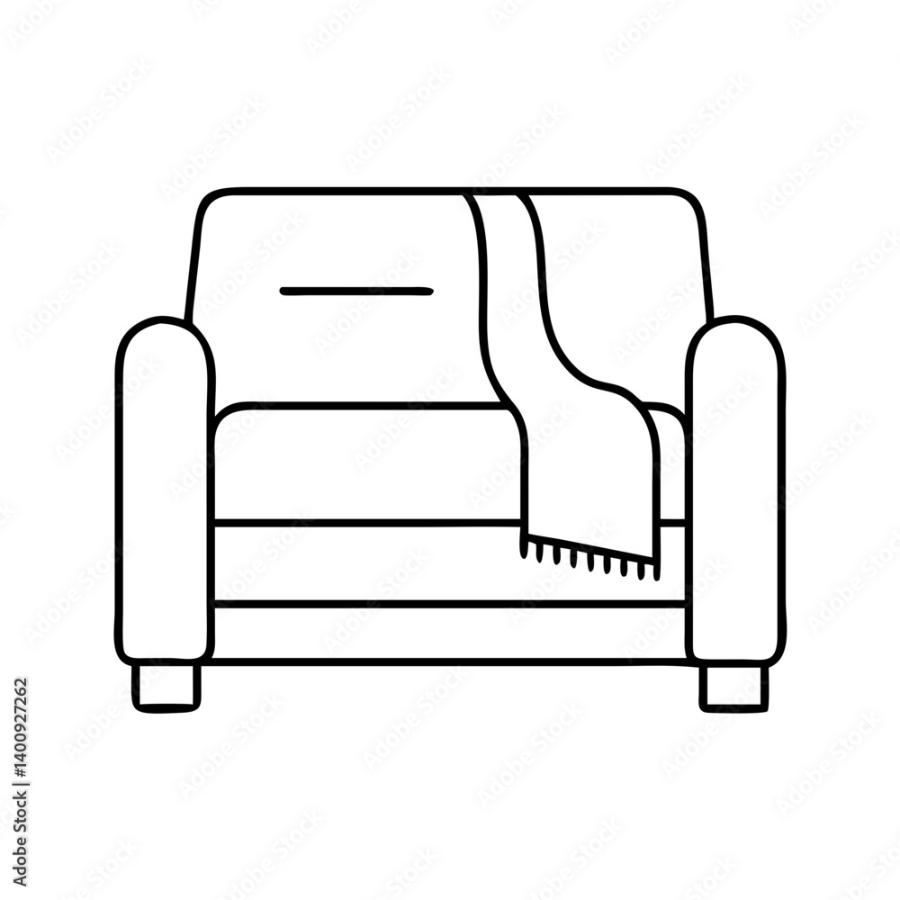 Cozy Sofa with a Throw Blanket Line Art Illustration Home Decor Comfortable Furniture Relaxing Seating Arrangement Interior Design Element Simple Minimalist Style Cozy Sofa with a Throw Blanket Line Art Illustration Home Decor Comfortable Furniture Relaxing Seating Arrangement Interior Design Element Simple Minimalist Style