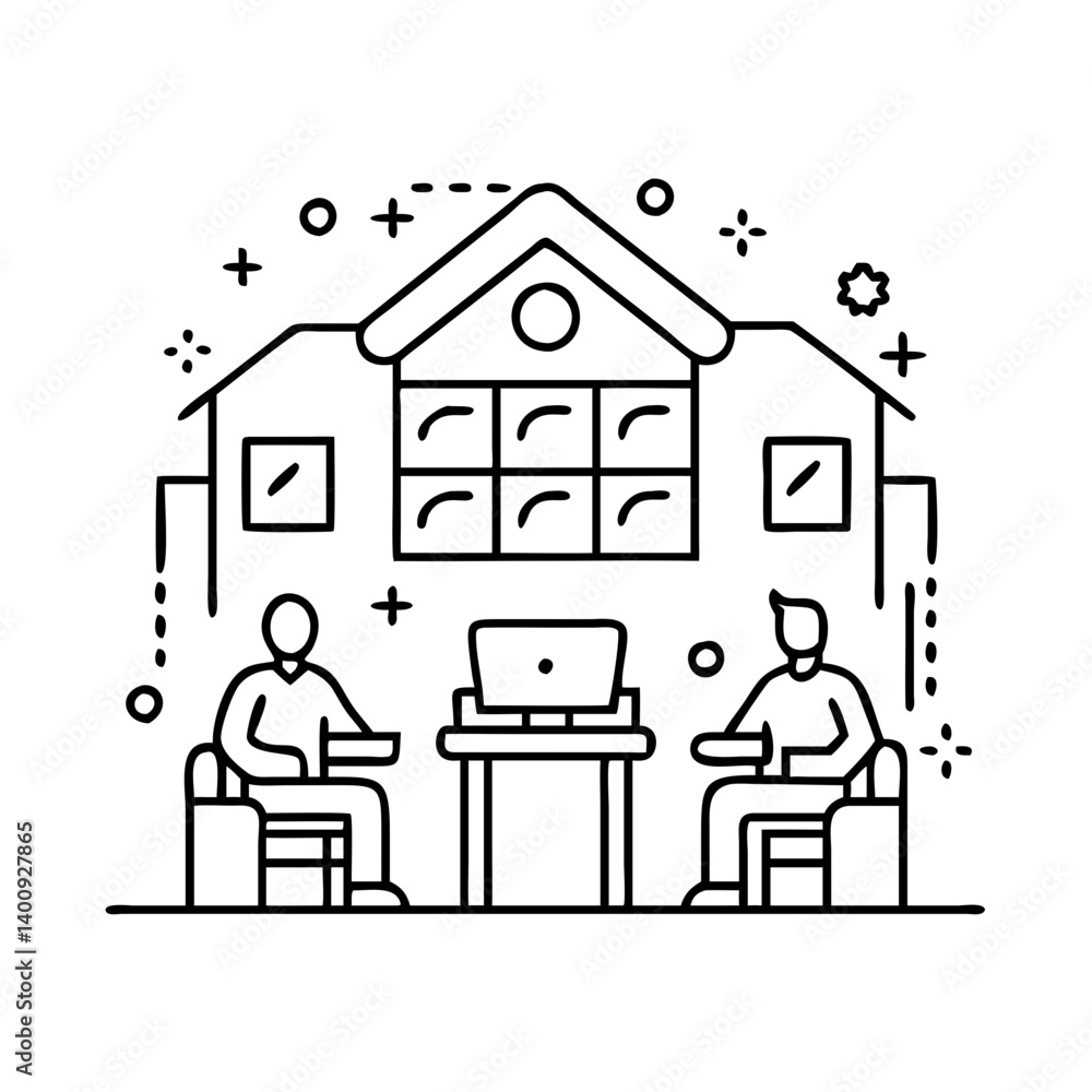 Two people collaborating remotely from home office using laptop computer Two people collaborating remotely from home office using laptop computer