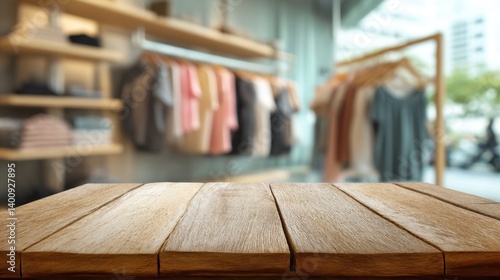 Empty wooden table with blurred clothes store background