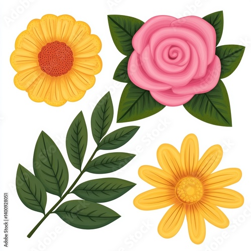Wallpaper Mural Vibrant illustration of yellow daisies, a pink rose, and green leaves on a white background. The flowers are depicted in a simple, stylized manner. Torontodigital.ca