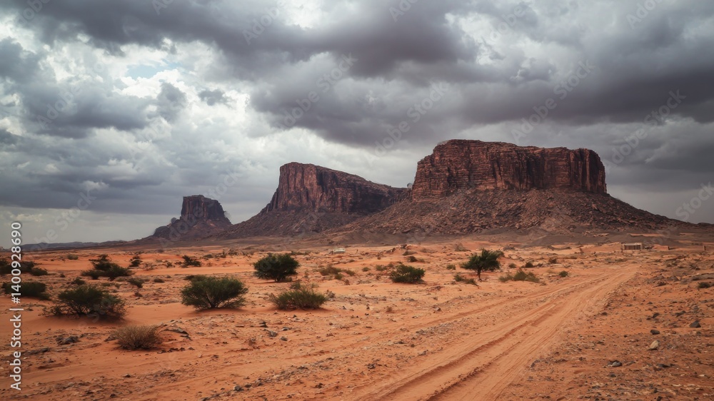 Arid desert landscape featuring mesas under a dramatic, cloudy sky. Arid desert landscape featuring mesas under a dramatic, cloudy sky.