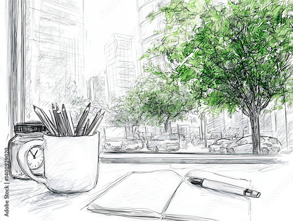 Office sketch: A detailed illustration of an office setup, focusing on design and functionality.