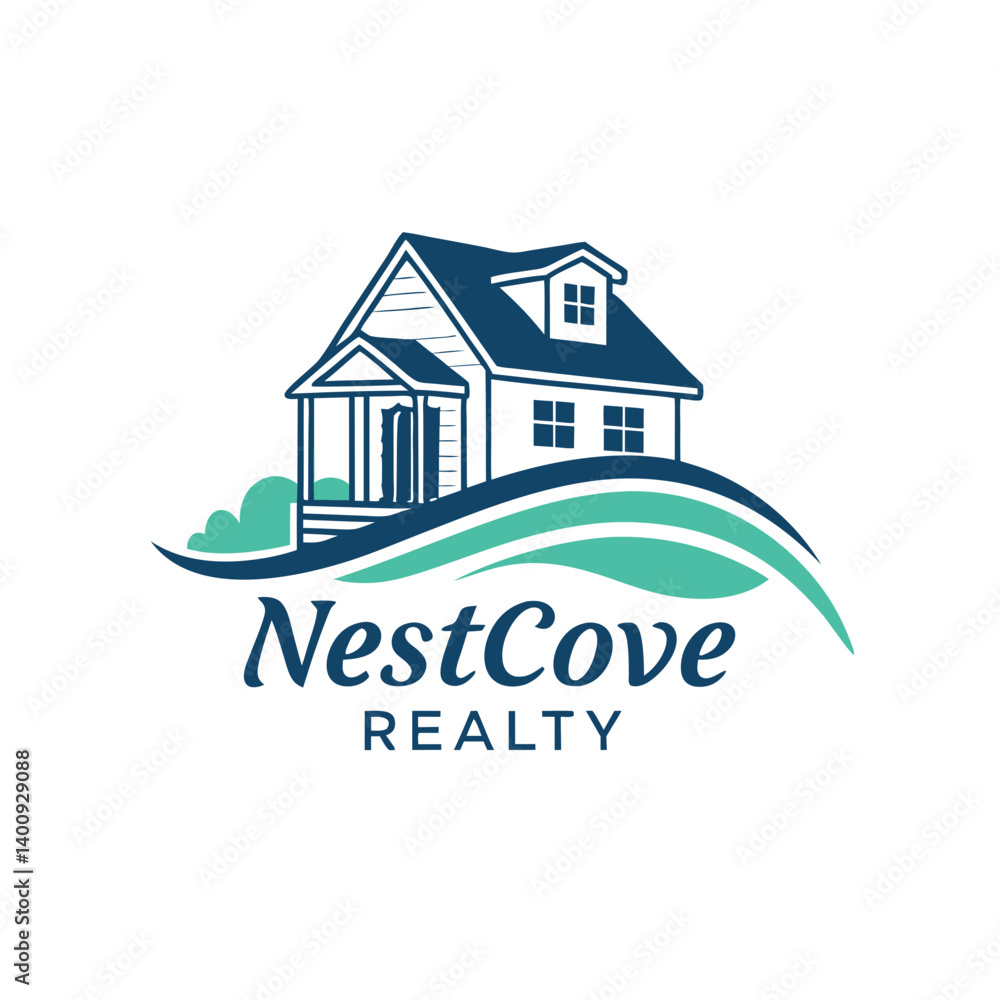 Fototapeta premium NestCove Realty Logo with Cozy House and Flowing Waves for Nature-Inspired Living