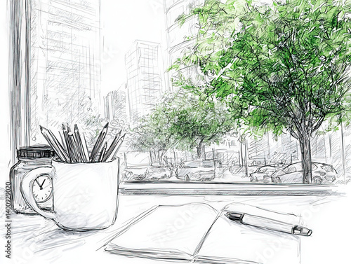 Obraz na płótnie Office sketch: A detailed illustration of an office setup, focusing on design and functionality. w salonie