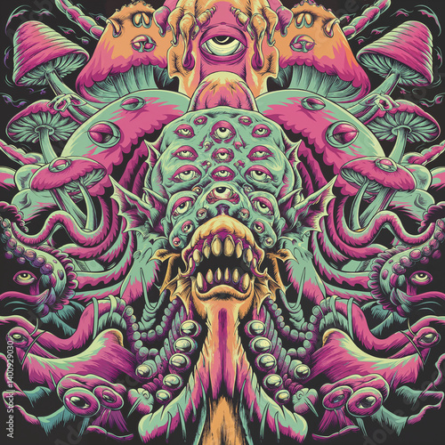 psychedelic art painting with mushrooms