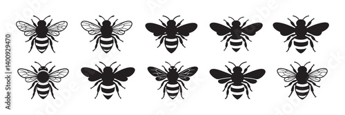 black color bee silhouette icon. Bee icons. Vector illustration eps 10