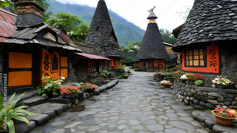 Traditional Village with Stone Houses and Unique Architecture Set Against a Mountain Backdrop Under an Overcast Sky