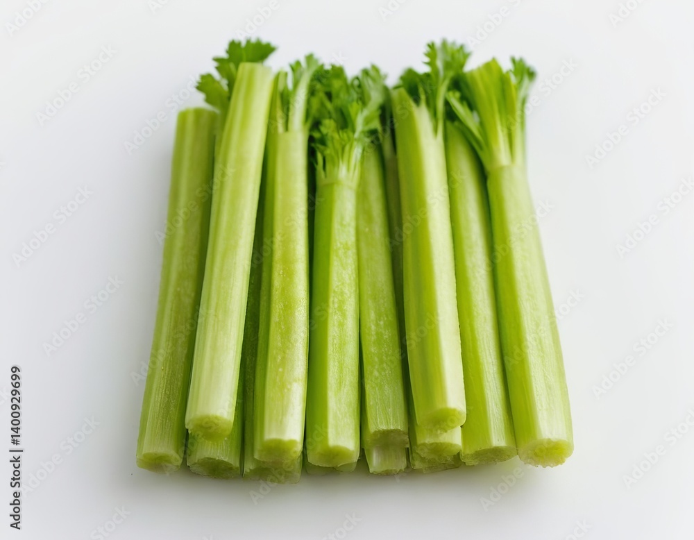 Fresh green celery stalks arranged neatly on a white background. Fresh green celery stalks arranged neatly on a white background.