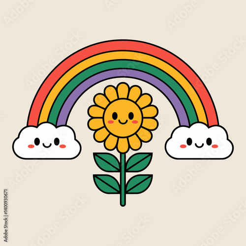 Cute Rainbow and Sunflower Illustration with Smiling Clouds