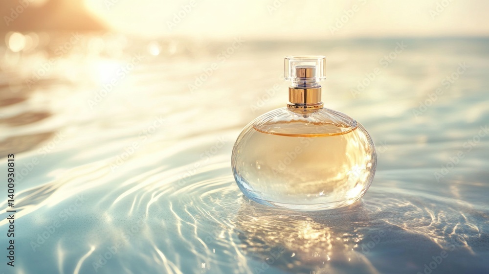 A perfume bottle sits in shallow water under warm sunlight A perfume bottle sits in shallow water under warm sunlight