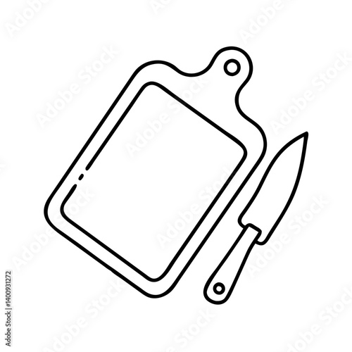 A line drawing of a kitchen cutting board and knife set for food preparation culinary tasks
