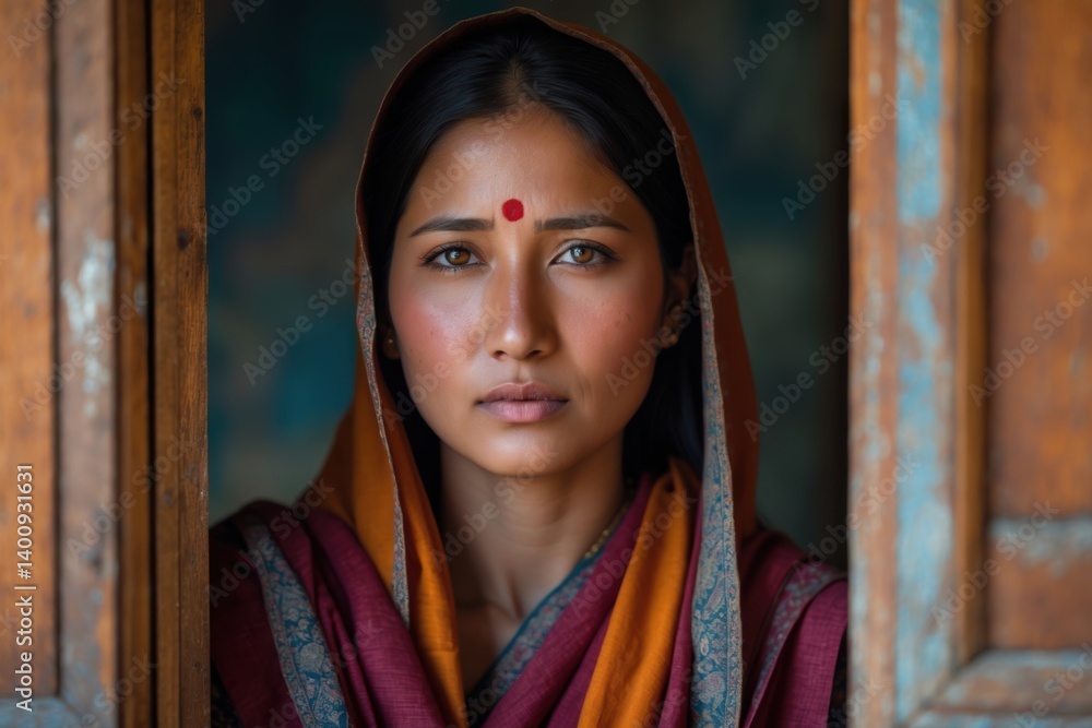 Fototapeta premium A portrait of a woman with traditional attire standing in a doorway, showcasing her expressive gaze and cultural ornamentation.