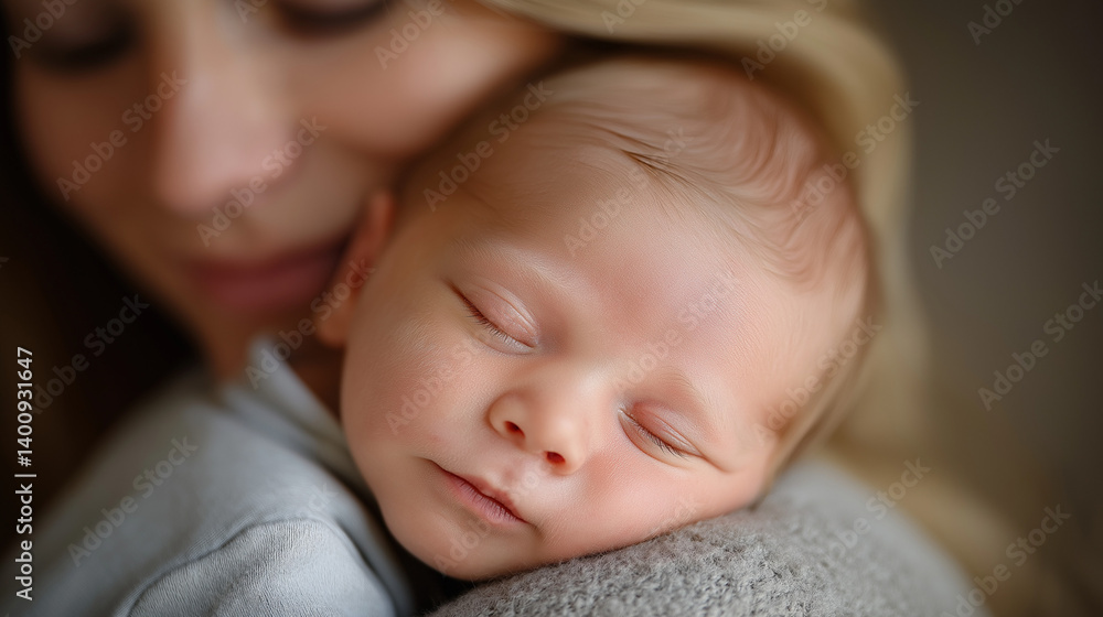 Newborn Baby Sleeping Peacefully on Mother's Shoulder Newborn Baby Sleeping Peacefully on Mother's Shoulder