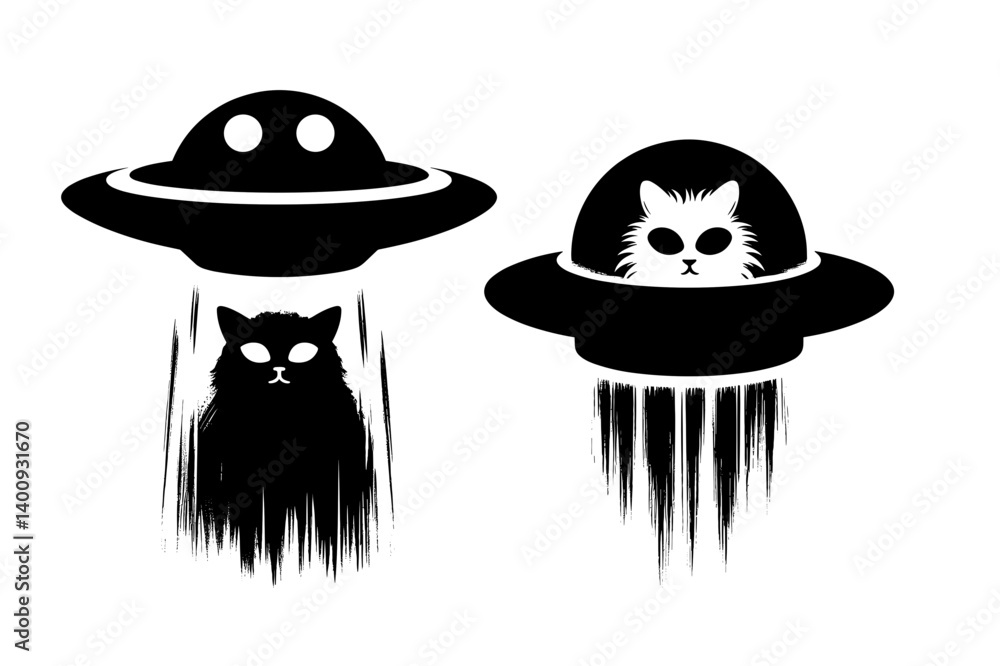 Simple illustration of a cat with UFO - t-shirt print idea