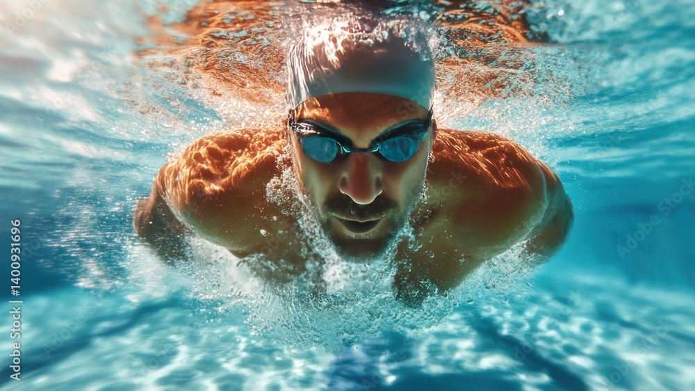 Naklejka premium Focused swimmer in goggles and cap swims underwater with athletic physique.