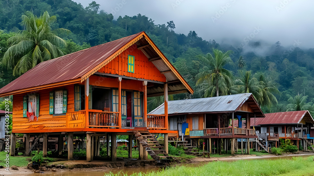 Traditional Wooden Stilt Houses in a Rural Village Landscape with Green Hills and Lush Vegetation on an Overcast Day in Southeast Asia
