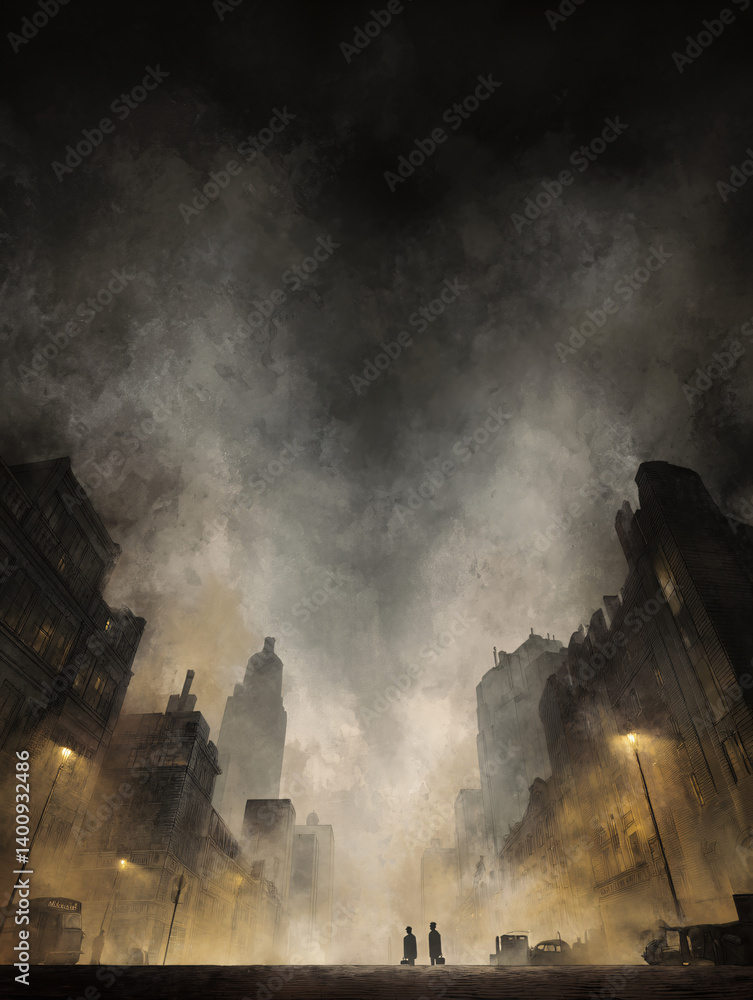 Fototapeta premium group of people walking through polluted city with heavy smog and smoke, urban silhouettes in dystopian environment with fog, decay, and dramatic skyline under dark atmospheric sky 
