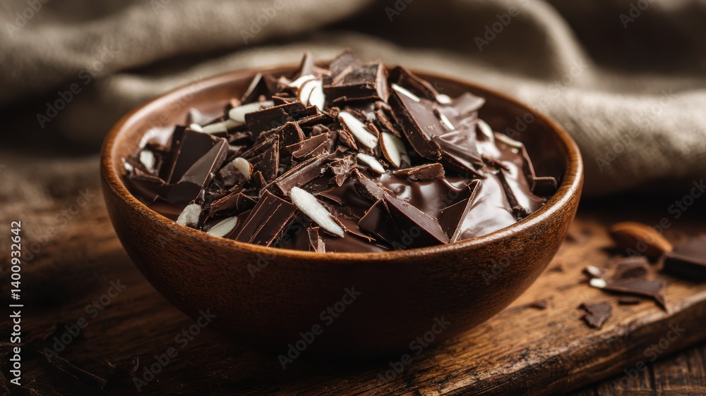 Dark chocolate and almonds in a wooden bowl on a weathered wooden board. Dark chocolate and almonds in a wooden bowl on a weathered wooden board.