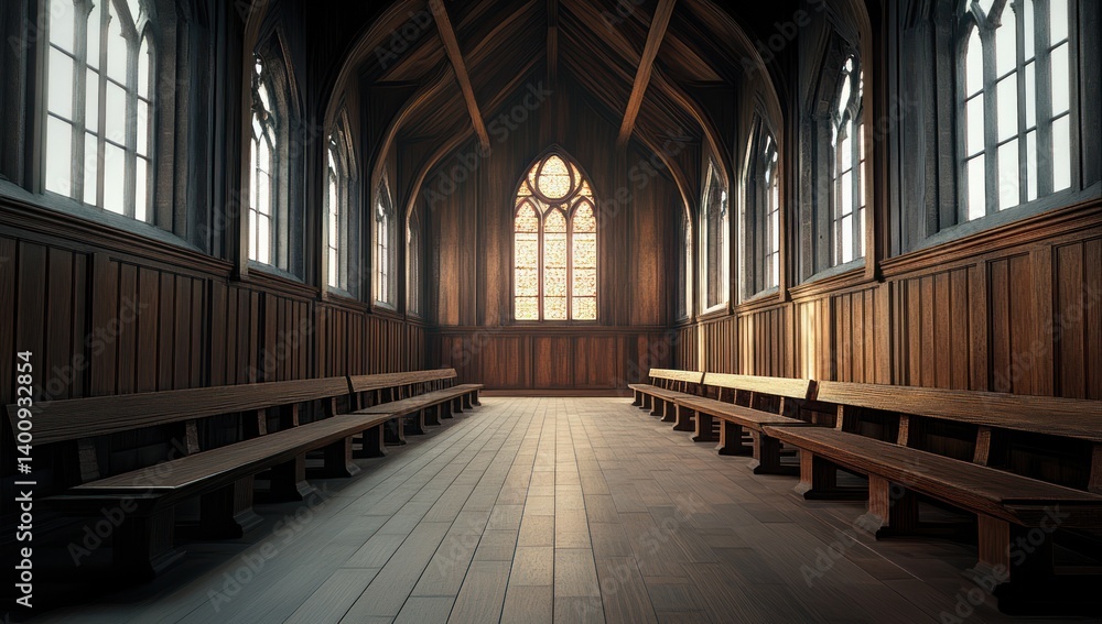 Interior view of a hall with wooden benches paneling and large windows. Interior view of a hall with wooden benches paneling and large windows.