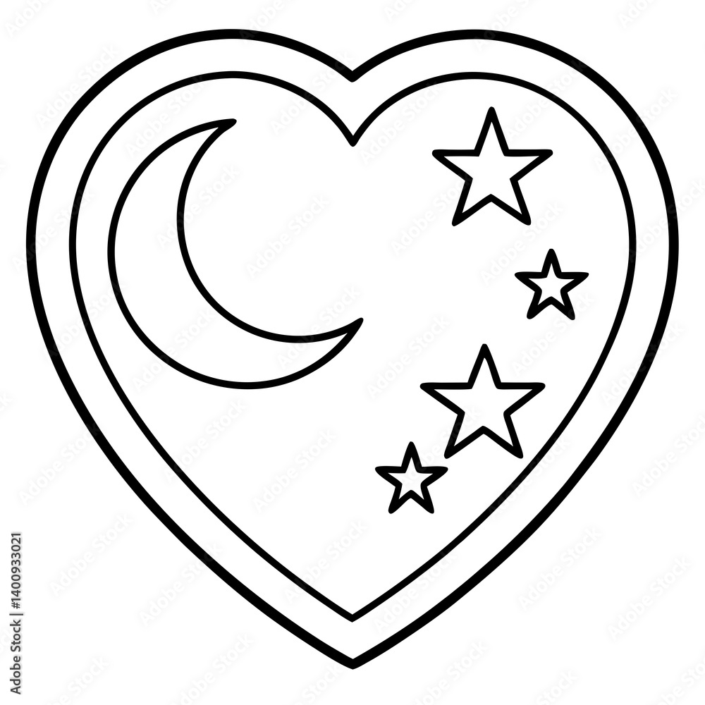 Moon and stars in a heart pattern line art vector Moon and stars in a heart pattern line art vector