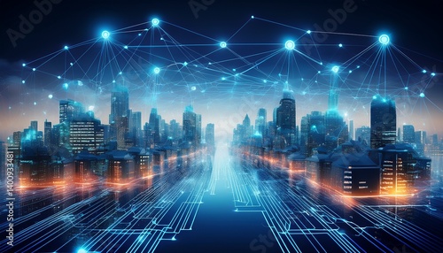 abstract innovative cyber security network using interconnected nodes to represent business partnerships on the smart digital innovation city with connection network reciprocity over the smart city