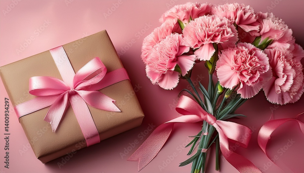 a bouquet of pink carnations tied with a pink ribbon lies next to a small gift box wrapped in brown paper and adorned with a pink ribbon on a pink background generative ai a bouquet of pink carnations tied with a pink ribbon lies next to a small gift box wrapped in brown paper and adorned with a pink ribbon on a pink background generative ai