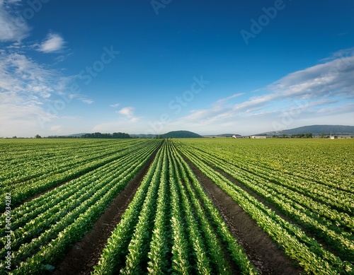 a vast green field of crops stretches endlessly showcasing neatly arranged rows of vibrant plants under a clear sky