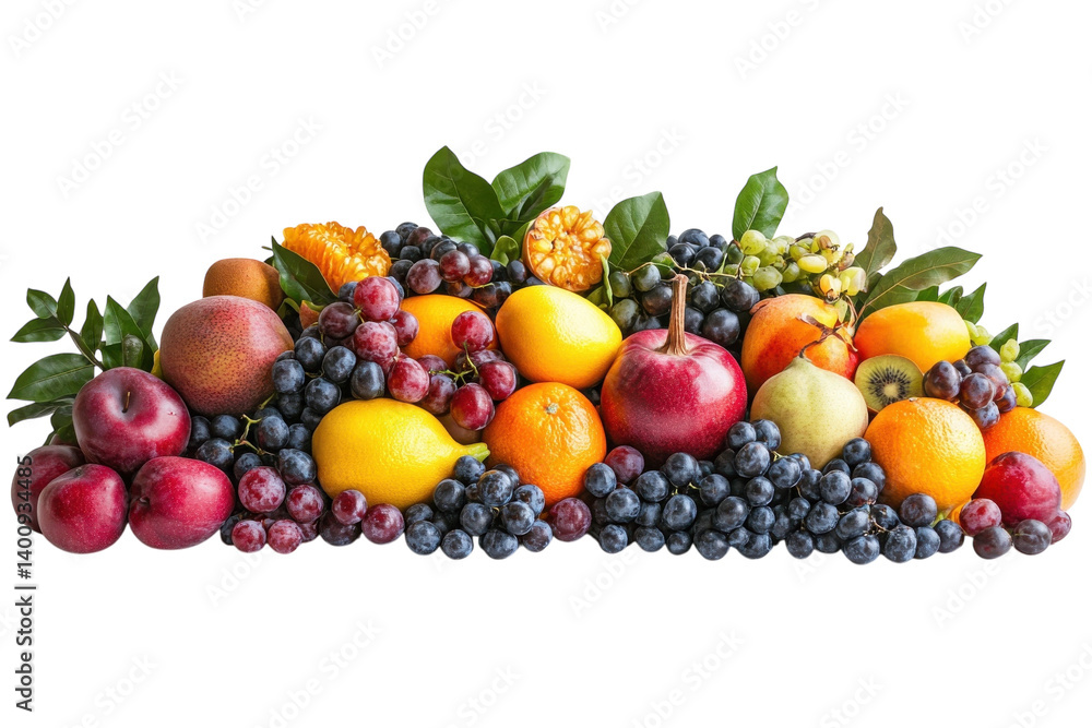 A vibrant mix of fresh fruits juicy oranges sweet grapes and ripe mangoes on transparent background A vibrant mix of fresh fruits juicy oranges sweet grapes and ripe mangoes on transparent background