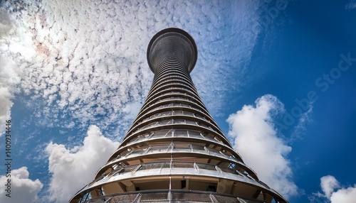 a low angle view of a towering structure spiraling skyward against a background of white clouds a massive twisting tower that seems to spiral into the sky