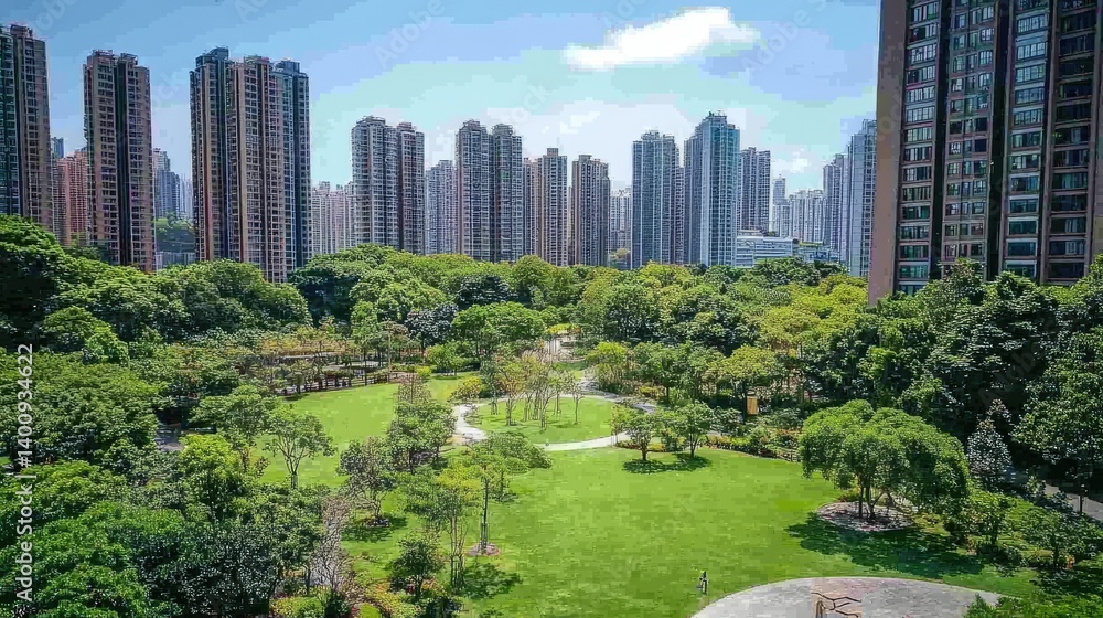 Fototapeta premium Lush green park amidst towering urban buildings. Tranquil urban oasis