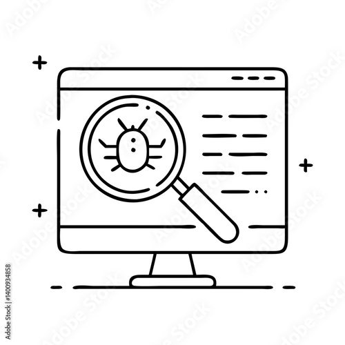 Computer screen displaying bug detection under a magnifying glass software debugging troubleshooting