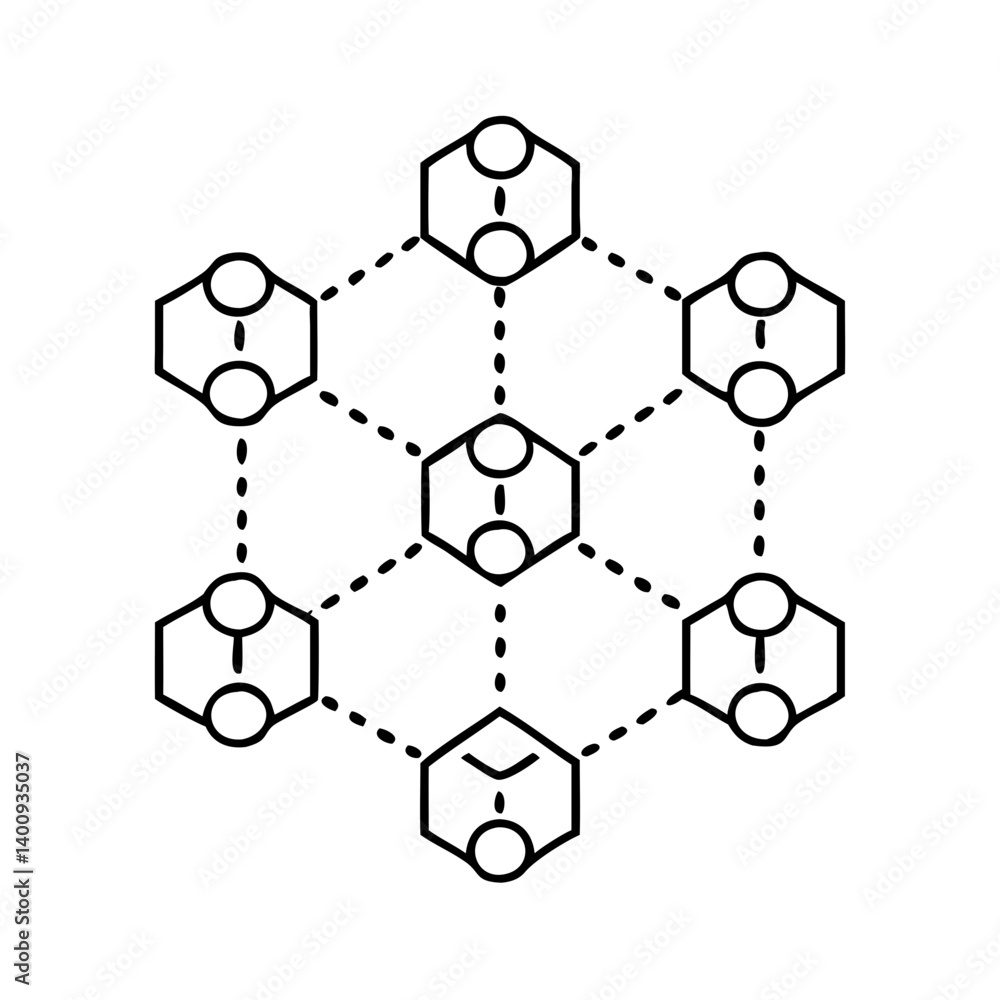 Hexagonal Network Structure Graphic Illustration of Interconnected Nodes and System Architecture Hexagonal Network Structure Graphic Illustration of Interconnected Nodes and System Architecture