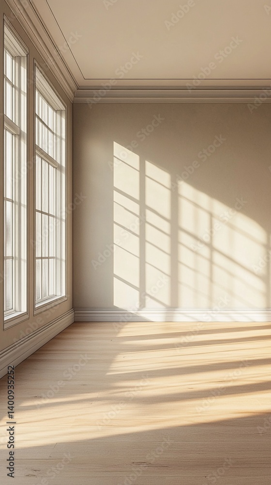 Obraz premium Sunlight streams through tall windows, casting elegant shadows on pristine wooden floors in an empty, minimalist interior with soft neutral tones