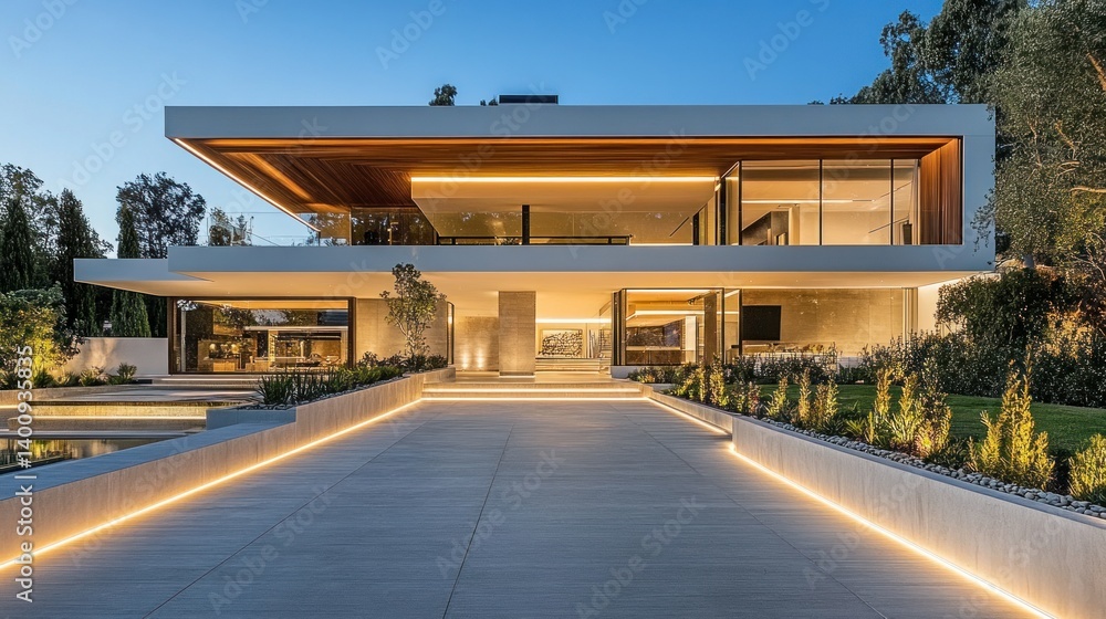Modern luxurious residence with illuminated pathways at twilight hours Modern luxurious residence with illuminated pathways at twilight hours