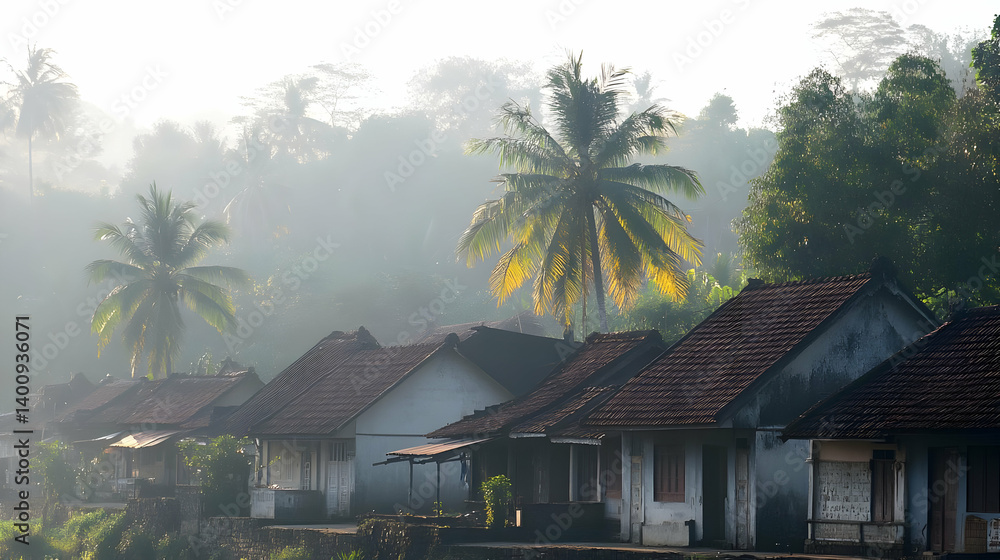 Tranquil Village Scene with Rows of Houses and Misty Backgrop with Lush Green Trees in the Early Morning Light
