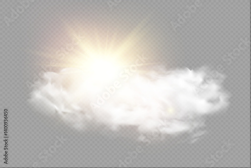 Realistic sun rays break through cloud on transparent background. Vector illustration. Eps 10