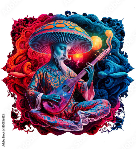 mushroom god of the god playing guitar