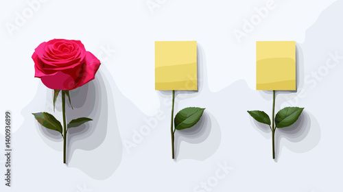 Pink Rose and Yellow Sticky Notes on White Background
