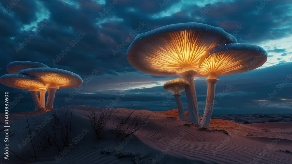 Glowing Mushrooms in a Desert at Night Glowing Mushrooms in a Desert at Night