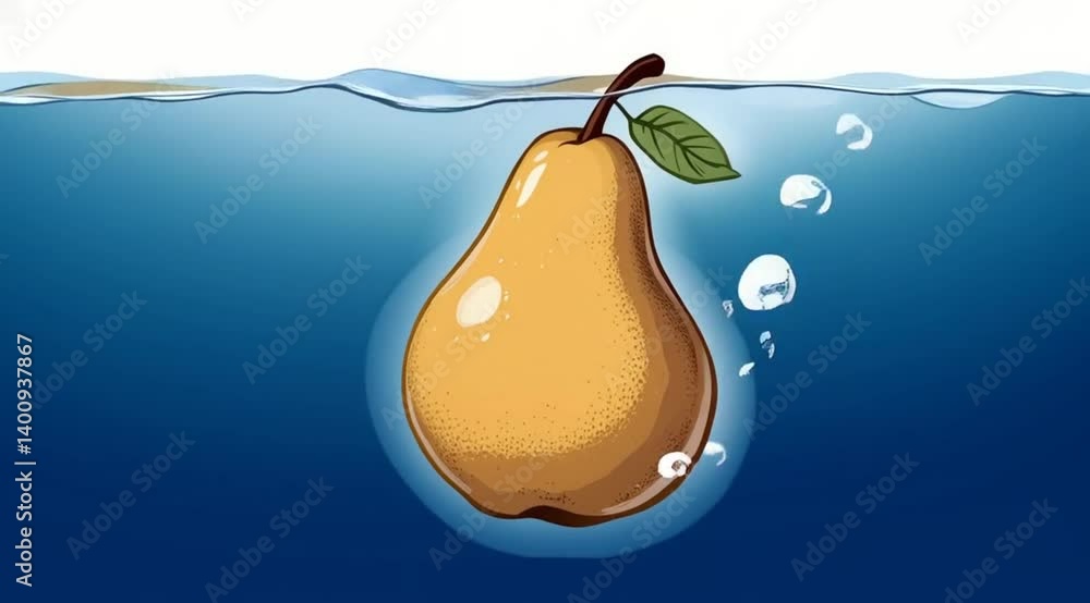 Pear submerged in water, cartoon style