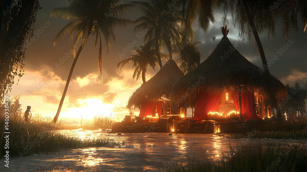 Tropical Beach Sunset with Thatched Huts and Palm Trees Reflecting in Water During Golden Hour With Pixelation Effect