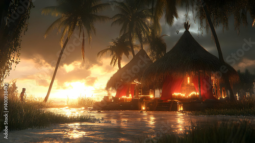 Obraz na płótnie Tropical Beach Sunset with Thatched Huts and Palm Trees Reflecting in Water During Golden Hour With Pixelation Effect w salonie