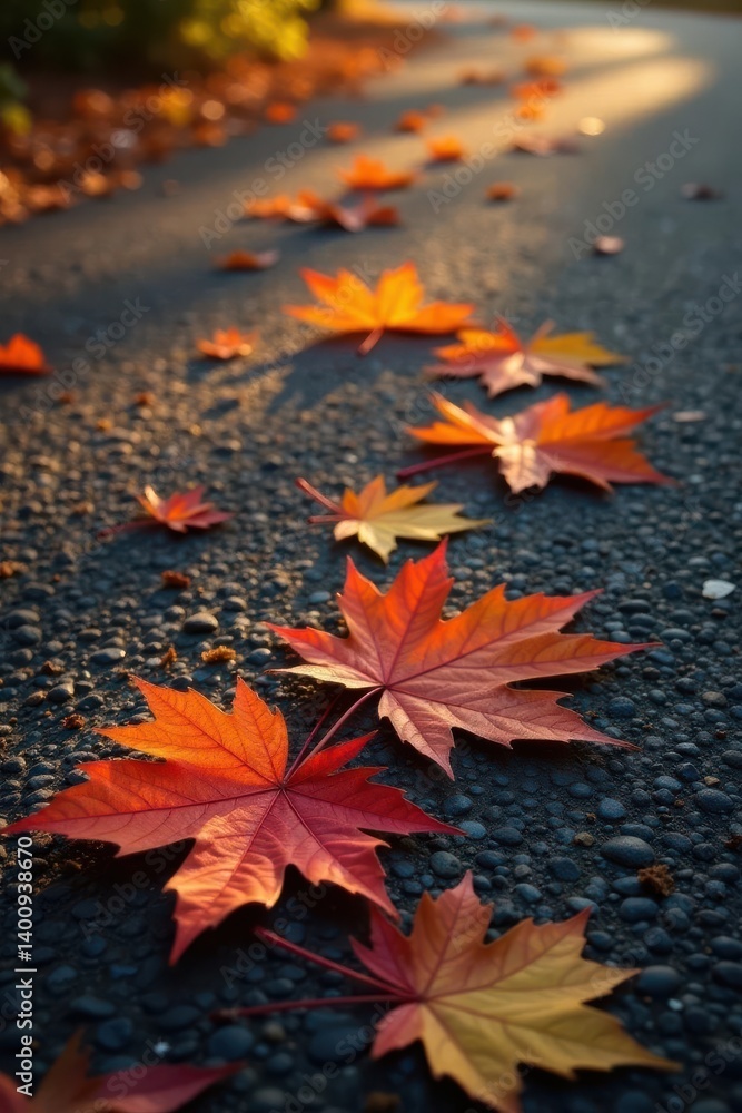 Autumnal Pathway A Serene Scattering of Vibrant Maple Leaves on a Dark Gravel Road at Sunset Autumnal Pathway A Serene Scattering of Vibrant Maple Leaves on a Dark Gravel Road at Sunset