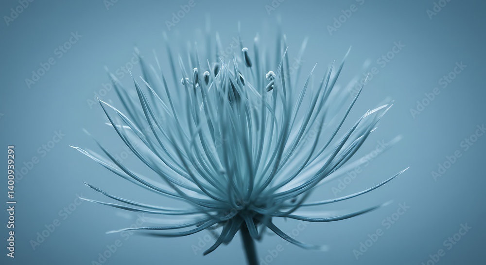 Detailed abstract of a plant with thin spiky leaves, capturing the elegance and serenity of nature in a serene monochrome blue. Detailed abstract of a plant with thin spiky leaves, capturing the elegance and serenity of nature in a serene monochrome blue.