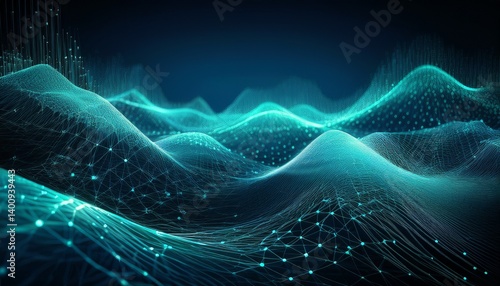 abstract waves of interconnected dots and lines a dynamic digital mesh in vibrant cyan hue