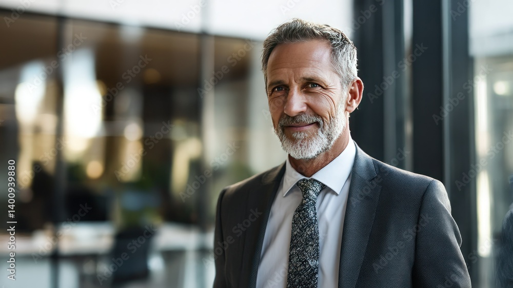 Confident businessman in suit and tie in a modern office building. Confident businessman in suit and tie in a modern office building.