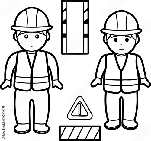 Two cartoon construction workers in safety vests and helmets with caution signs and barriers, emphasizing workplace safety.