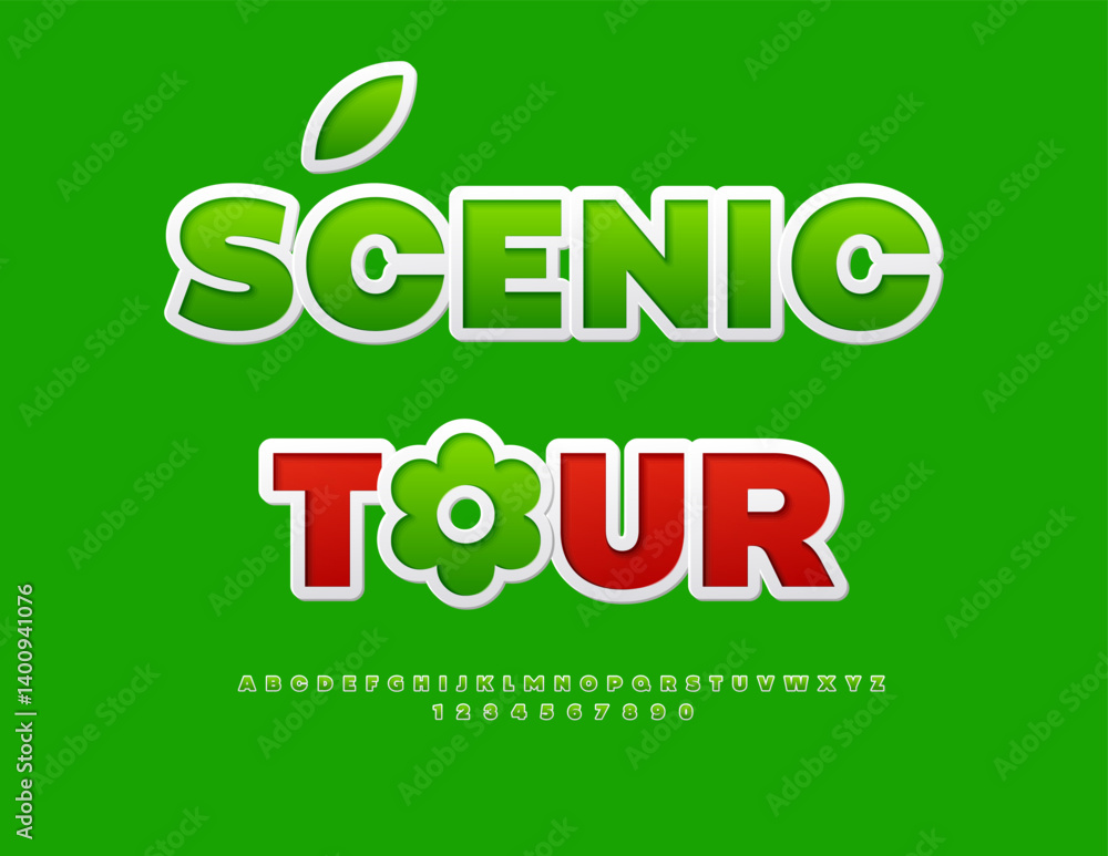 Vector Travel Advertisement Scenic Tour with Decorative Flower. classic Green Sticker Font. Creative Uppercase Alphabet Letters and Numbers set. Vector Travel Advertisement Scenic Tour with Decorative Flower. classic Green Sticker Font. Creative Uppercase Alphabet Letters and Numbers set.