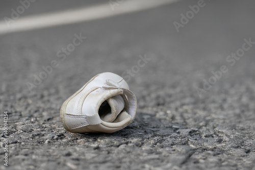 アスファルトの道路に落ちている子供の小さな靴