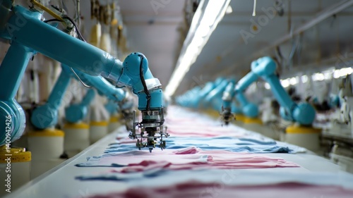 A robotic assembly line produces clothing with automated, blue arms.